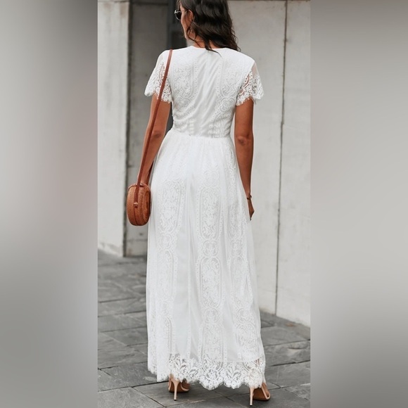 Scalloped Trim Lace Plunge Maxi Dress L - Picture 3 of 10